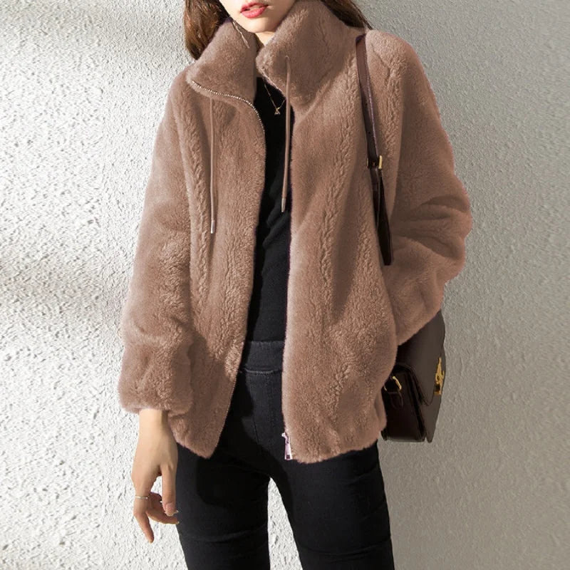 Women Autumn Winter Faux Fur Coats Zipper Cardigan Plush Thick Warm Coat Loose Oversized Outerwear Female Coral Fleece Overcoat - Matrix Studios