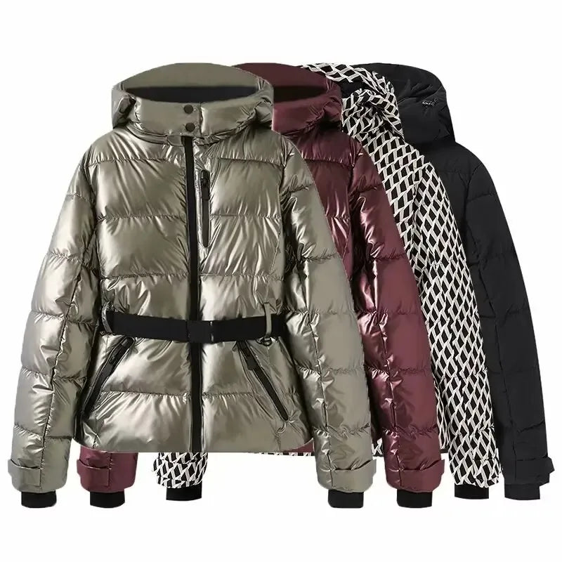 Women's Winter Hooded High Waist Padded Sport Parkas Coats with Belt Female Elegant Thick Warm Pockets Windproof Skiing Jackets - Matrix-studios.com