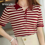 WinvyNee Summer Women's Cotton Striped Polo T-Shirt Women Clothing Tops Short Sleeve Sweater Casual Basic Pullover A1002004A - Matrix-studios.com