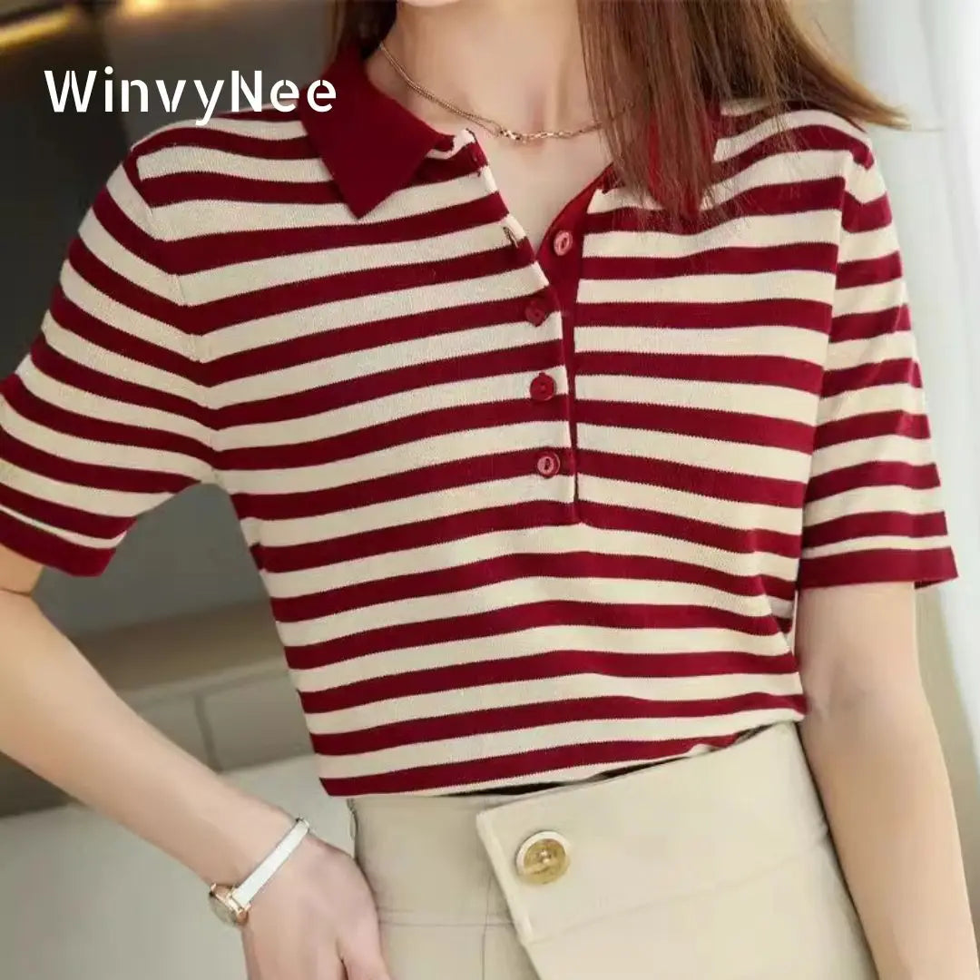 WinvyNee Summer Women's Cotton Striped Polo T-Shirt Women Clothing Tops Short Sleeve Sweater Casual Basic Pullover A1002004A - Matrix-studios.com