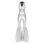 Adult Womens 70s Disco Rompers Lapel V Neck Sleeveless Front Zipper Sequins Bell Bottom Long Pants Jumpsuit Retro Jazz Dancewear - Matrix Studios