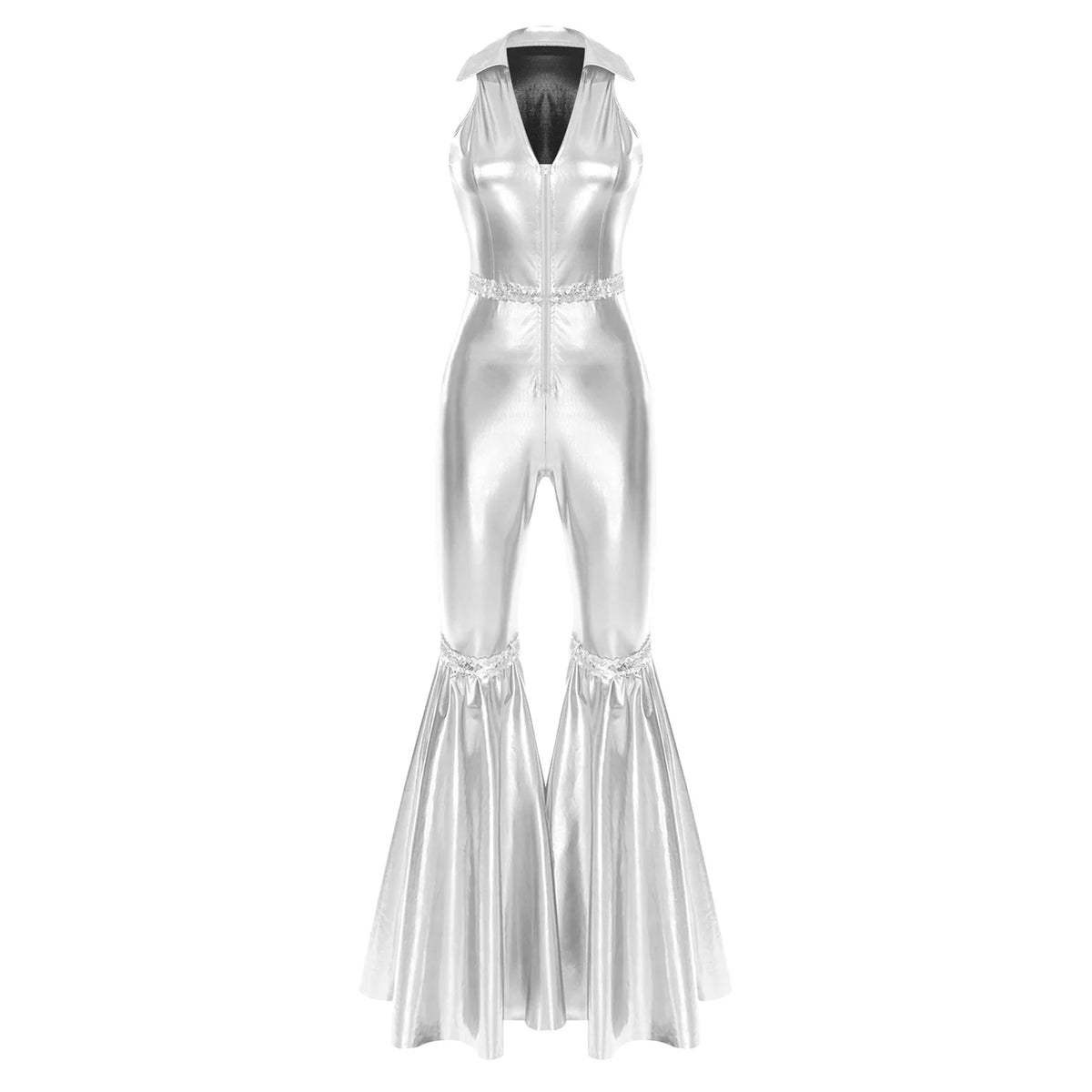 Adult Womens 70s Disco Rompers Lapel V Neck Sleeveless Front Zipper Sequins Bell Bottom Long Pants Jumpsuit Retro Jazz Dancewear - Matrix Studios