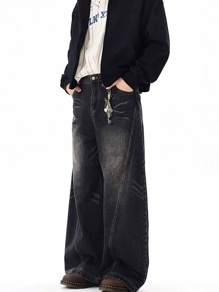 Vintage Black Washed Baggy Jeans Pants Men Wide Leg Curved Blade Pants Streetwear Cowboy Casual Denim Straight Trousers - Matrix Studios