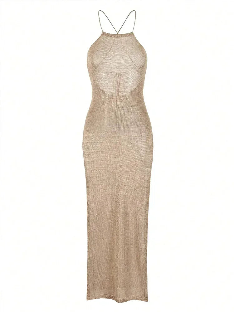 Sexy See Through Knit Backless Lace-up Split Bodycon Beach Dress 2026 Summer Women Solid Halter Holiday Swimwear Cover-ups A2797 - Matrix Studios