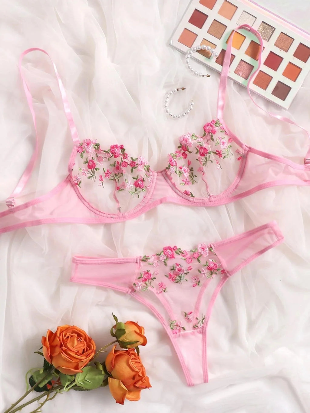 Purple Fancy Lingerie Set Female Underwear Embroidery Flower Bra And Panty Sets Women Outfits - Matrix-studios.com
