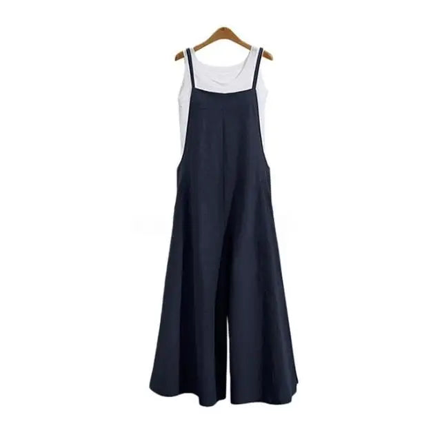 Women Straps Jumpsuit Summer Solid Color Wide Leg Pants Dungaree Bib Overalls Casual Loose Sleeveless Cotton Linen Jumpsuits 5Xl - Matrix Studios