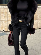Black Faux Fur Collar Leather Jacket Elegant Lapel V-neck Waist Cinching Long-sleeved Short Coats Lady Winter Commute Coat 2026 - Matrix Studios