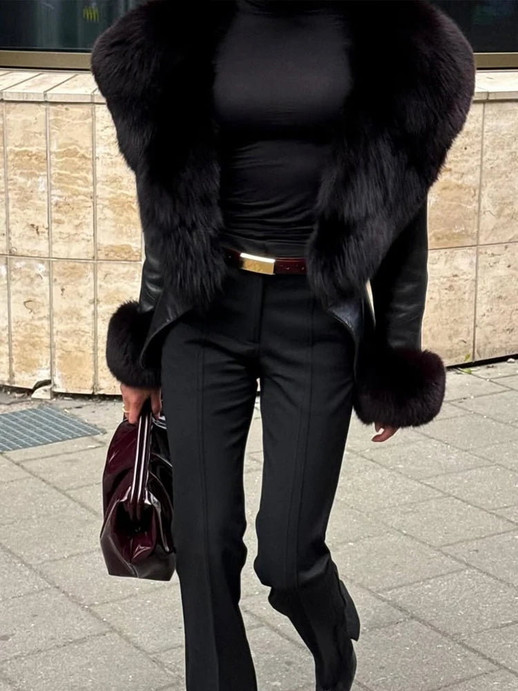 Black Faux Fur Collar Leather Jacket Elegant Lapel V-neck Waist Cinching Long-sleeved Short Coats Lady Winter Commute Coat 2026 - Matrix Studios