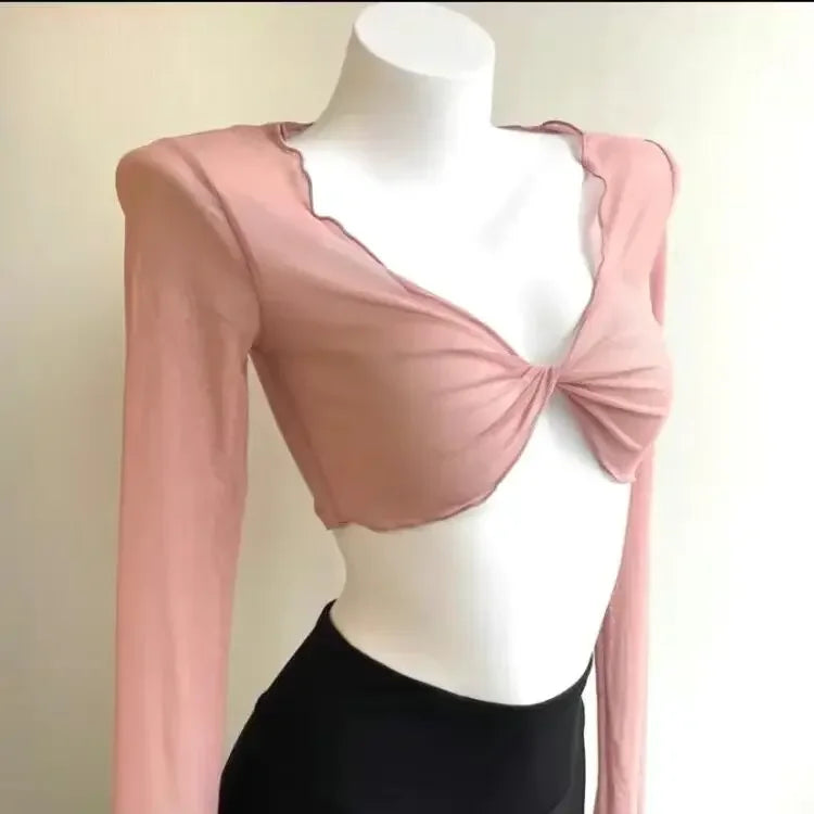 Fashion Elegant Women Sexy See Through Solid Cardigans Long Sleeve Mesh Vintage Lace Up Crop Tops Streetwear Short Cardigans - Matrix Studios