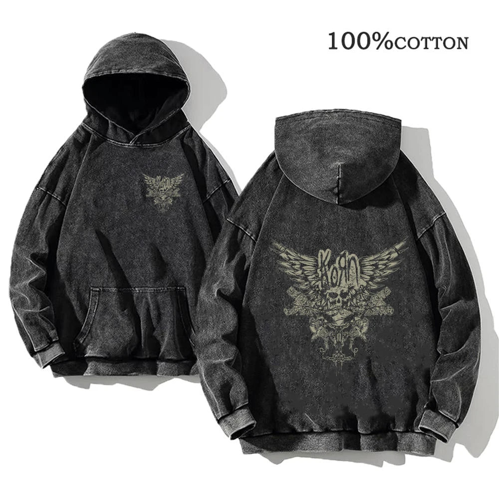 Korn Rock Band World Tour Hoodies Vintage Washed Men's Sweatshirts Cotton Hip Hop Streetwear Hooded Pullover Loose Y2K Tops - Matrix Studios