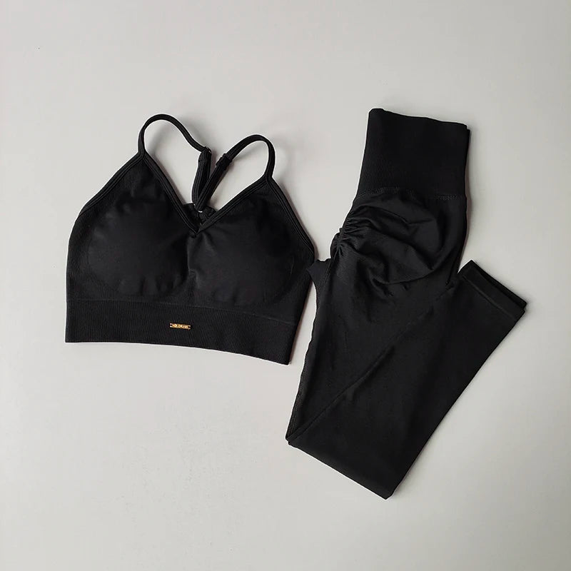Seamless Hip Lifting Fitness Set Women's V-neck Bra Leggings Yoga Set Quick Drying Exercise Iron Massage High Fat Tight Pants - Matrix-studios.com