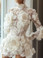 Luxury Cocktail Dresses High Collar Flowers Long Sleeves Mini Dress Exquisite High Quality Prom Party Gowns for Women Customized - Matrix-studios.com