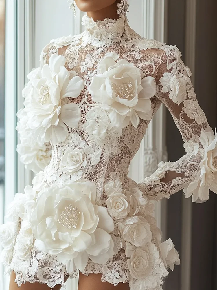 Luxury Cocktail Dresses High Collar Flowers Long Sleeves Mini Dress Exquisite High Quality Prom Party Gowns for Women Customized - Matrix-studios.com