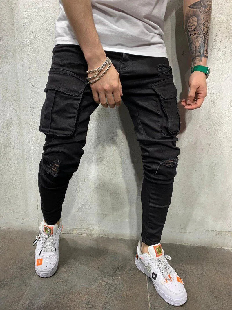Street Elastic Jeans Men Denim Cargo Pants Wash Solid Color Multi Pockets Casual Mid Waist Trousers Slim Fit Daily Wear Joggers - Matrix Studios