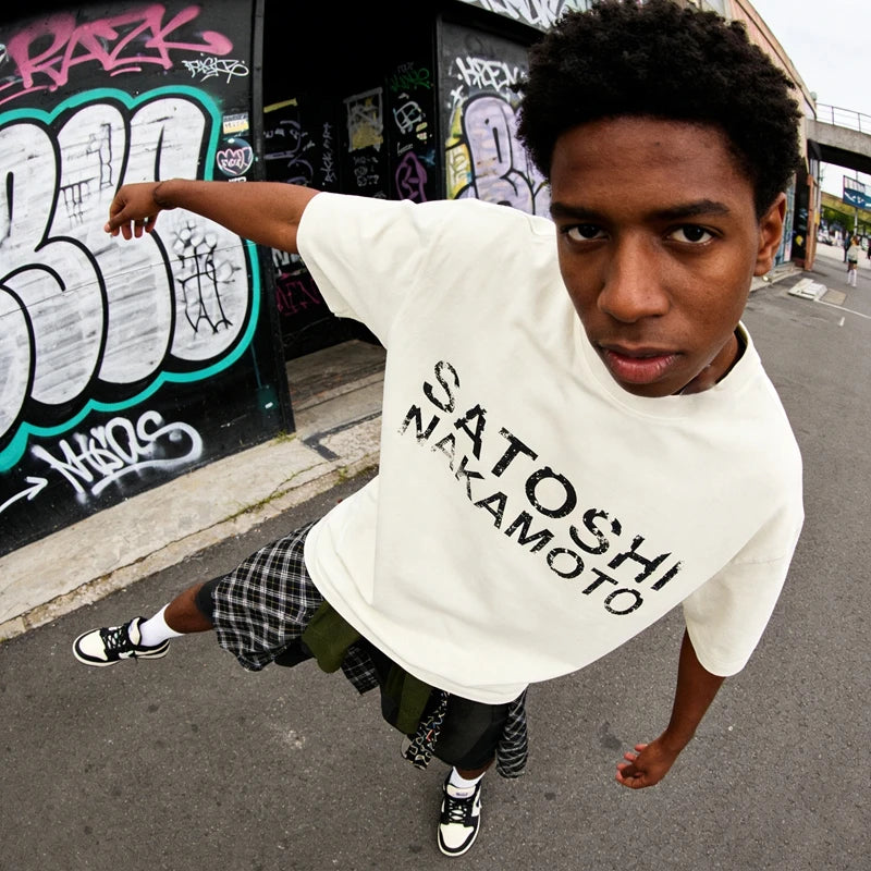 High Street Fashion Brand Satoshi Nakamoto Classic Letter Print Trendy Casual Washed Vintage Short-Sleeve T-Shirt Summer Top - Matrix-studios.com