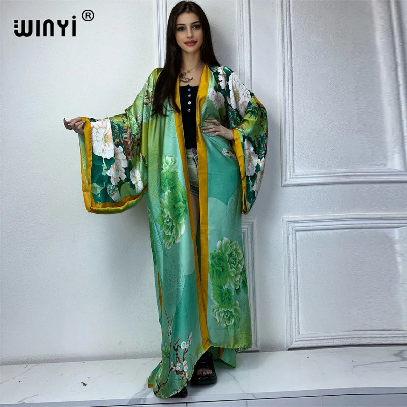 WINYI 2022 africa Boho Printed Long Kimono Dress Bikini Wrap Cover-ups Women Summer Clothes Beach Wear Swim Suit Cover Up kaftan - Matrix Studios