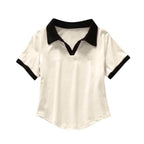AOSSVIAO 2026 Spring Summer Women's Color Block V-Neck Short Sleeve Polo Shirt Chic Slim Fit Versatile T-Shirt Sexy Crop Tops - Matrix-studios.com