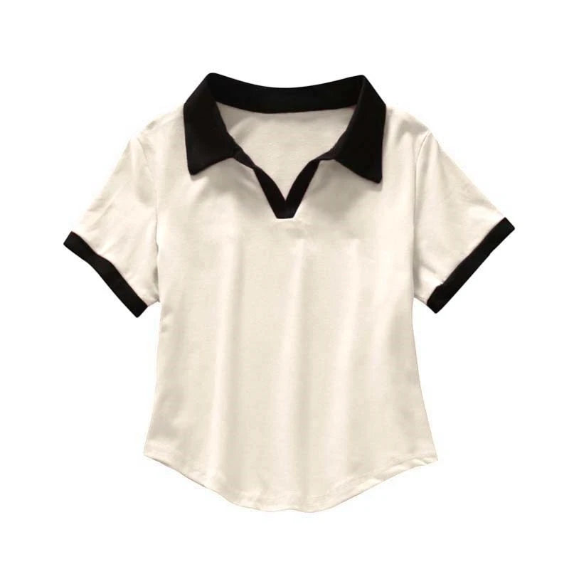 AOSSVIAO 2026 Spring Summer Women's Color Block V-Neck Short Sleeve Polo Shirt Chic Slim Fit Versatile T-Shirt Sexy Crop Tops - Matrix-studios.com