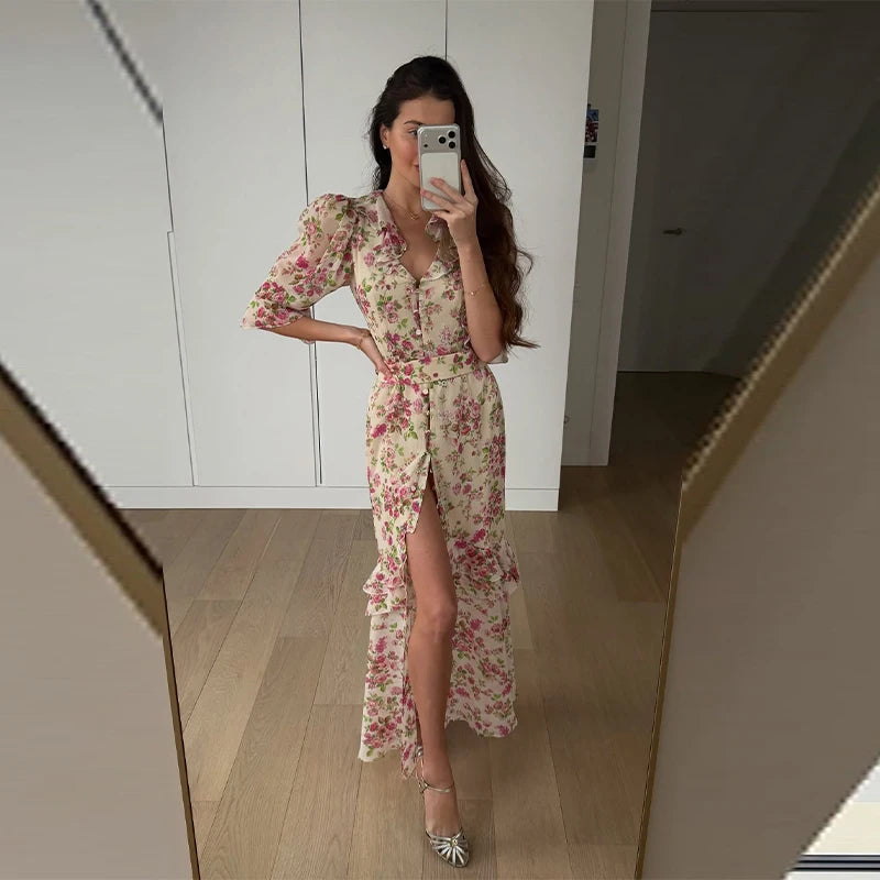 Organza Floral Printed Maxi Dress V-Neck  Puff Sleeve 2026 Spring/Summer Romantic Women Party Gown Fashion Elegant Lady Vestidos - Matrix-studios.com