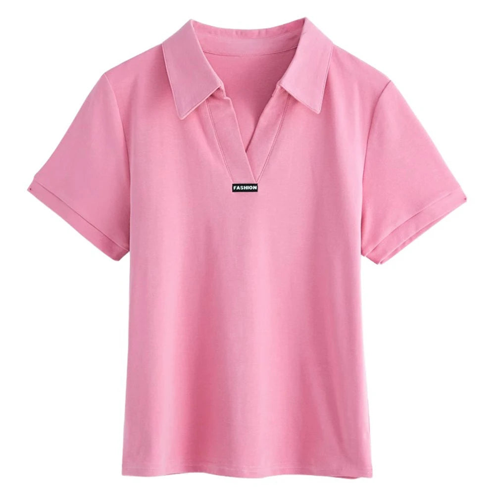 European Station Polo Neck Short sleeved T-shirt Women's Summer New Fashion Light Luxury Loose Large Cotton V-neck Casual Top - Matrix-studios.com