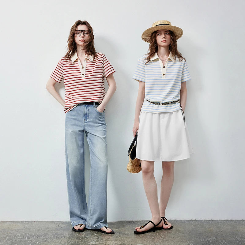 TOYOUTH Women's T-Shirt 2026 Summer New Hollow Stripe Color Block Polo Collar Nautical Top, Loose Fit Vintage Tee - Matrix-studios.com