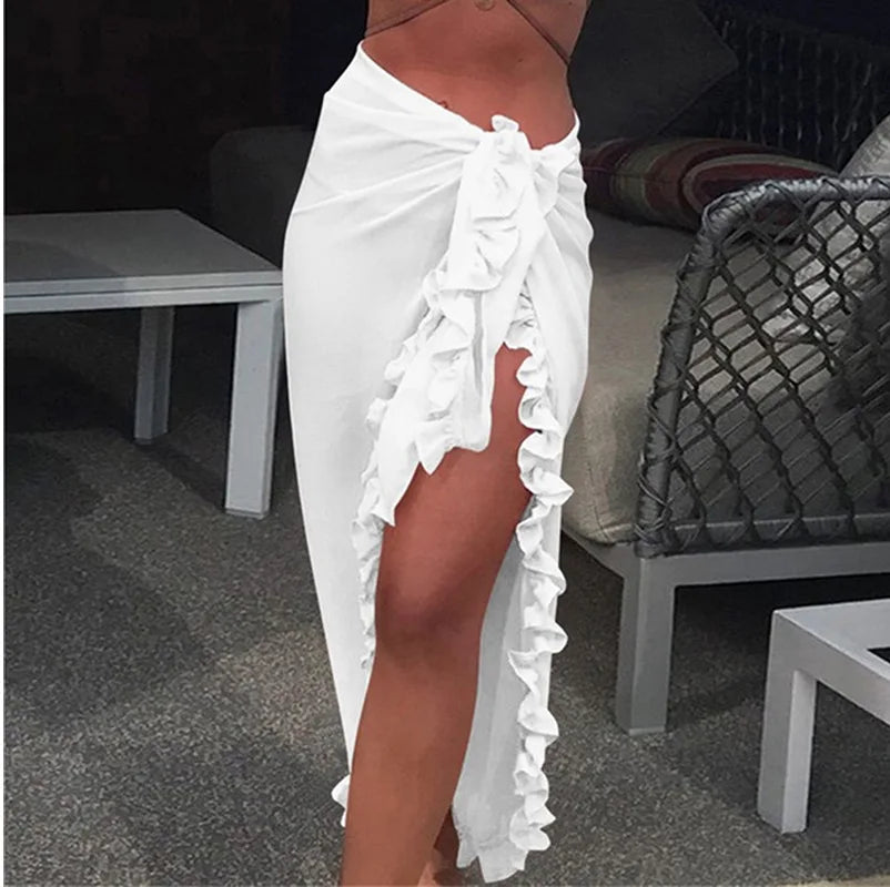 5 Colors Ruffle Sarong for Women 2024 Summer Solid Bikini Long Skirt Beach Dress Swimming Sun Protection Swim Cover Ups Monokini - Matrix Studios