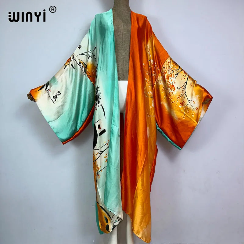 WINYI 2026 Summer Women Cardigan stitch Cocktail sexy Boho Maxi African Holiday Batwing Sleeve Silk feeling Robe kimono kaftan - Matrix Studios
