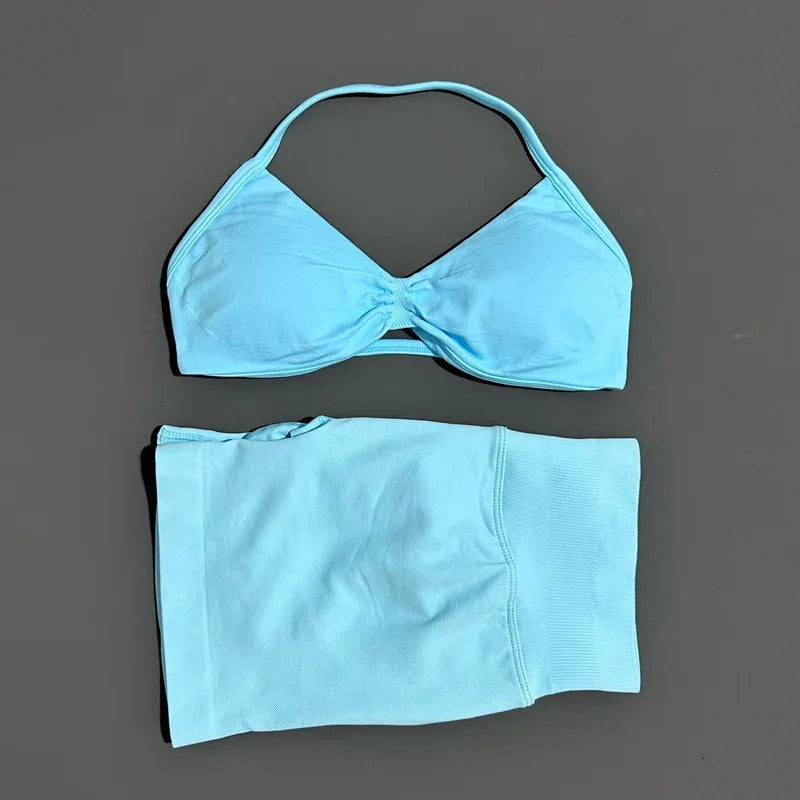 HISTELLO Gym Set 2 Piece Women Strappy Yoga Bra Top Workout Scrunch Shorts Sports Suit Fitness Clothes Seamless Yoga Set - Matrix-studios.com