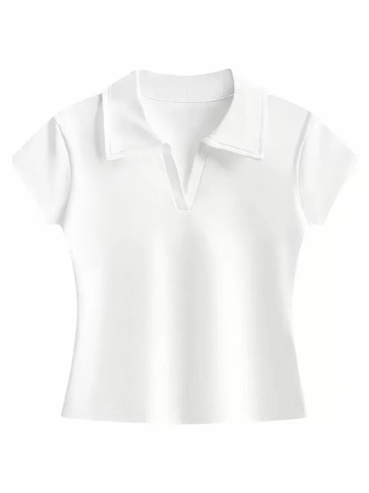 Minimalist Versatile Casual Top 2026 Summer New Solid Color Ribbed Polo Collar Women T-shirt Korean Style Slim Short Sleeve Tee - Matrix-studios.com