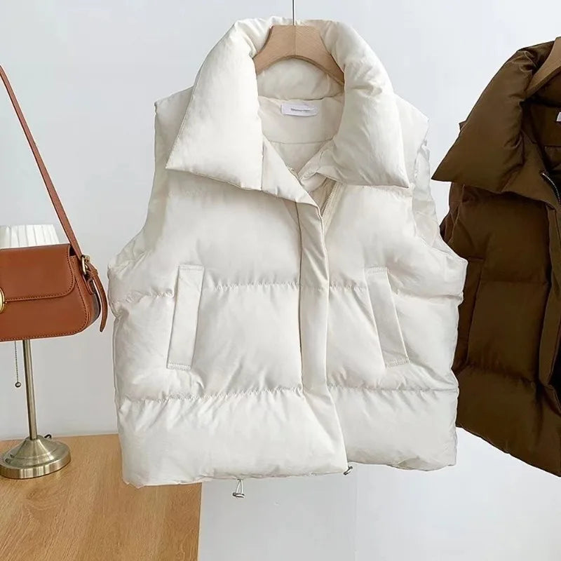 Autumn/winter Women Thickened Warm Vest Casual Sleeveless Solid Cotton-padded Parkas Keep Warm Hem Drawstring Vest Outerwear - Matrix Studios