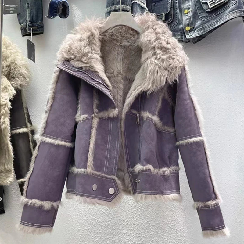 2024 Autumn Short Style Fur Women Sheepskin Jacket Tanned Suede Fabric With 100%Natural Rabbit Lining Luxury Fashion Coat - Matrix Studios