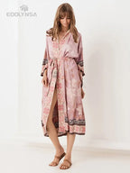 Bohemian Printed Bikini Cover-ups Elegant Self Belted Kimono Dress Tunic Women Plus Size Beach Wear Swim Suit Cover Up Q1228 - Matrix Studios