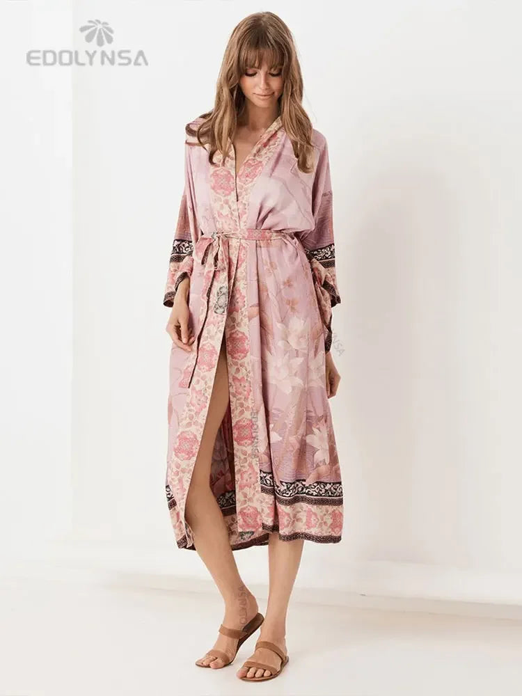 Bohemian Printed Bikini Cover-ups Elegant Self Belted Kimono Dress Tunic Women Plus Size Beach Wear Swim Suit Cover Up Q1228 - Matrix Studios