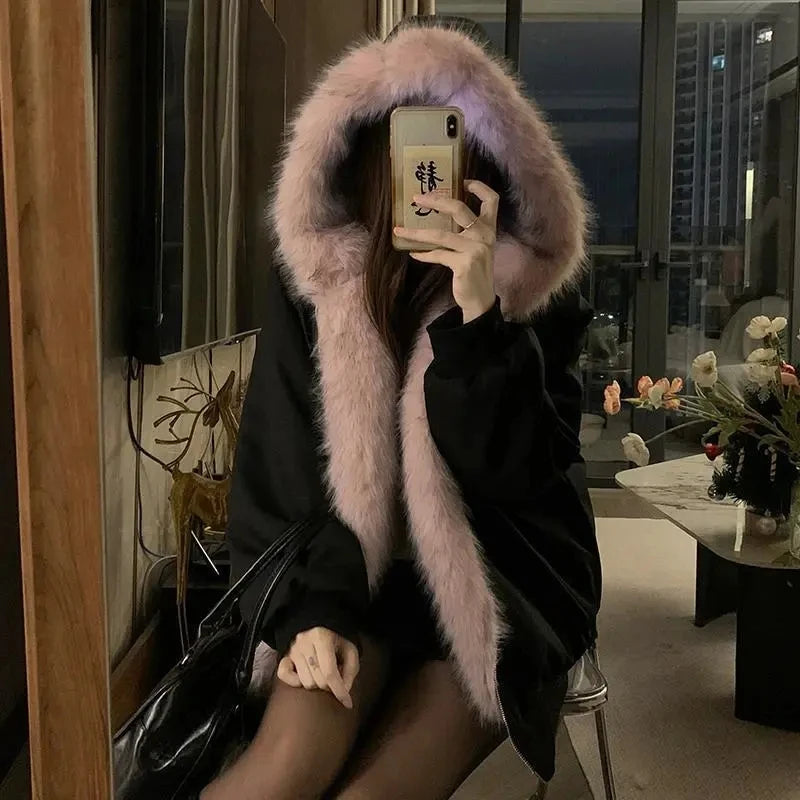 Double-Sided Warm Fur Coat Women Autumn Winter Loose Thicken Plush Cotton Coat 2025 New Women Hooded Imitation Mink Fur Outwear - Matrix Studios