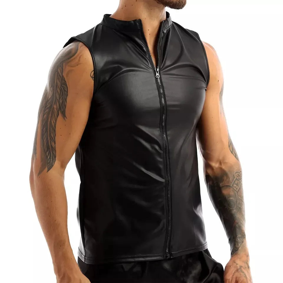 Men's Leather Vest Elastic Fashion PU Leather T-Shirts Biker's Tank Tops Streetwear - Matrix Studios