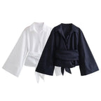 New Women's Fashion Casual Polo Neck Bow Tie up Short Edition Double Breasted Poplin Shirt - Matrix-studios.com