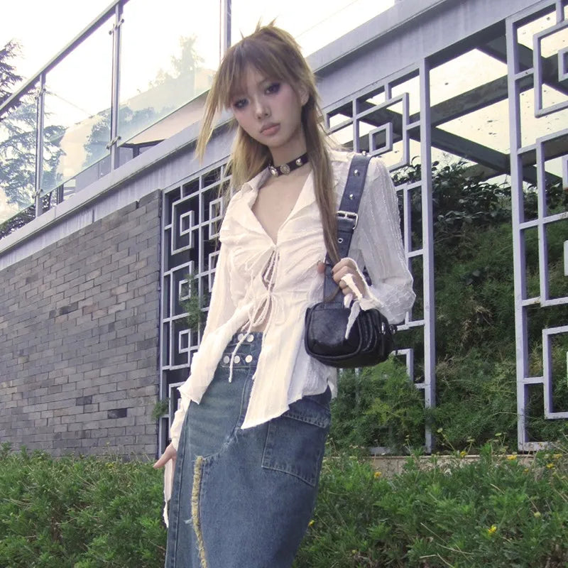 Karrram Y2k Aesthetics Pleated Shirt Fairycore Lace Up Blouse Trashy 2000s Style V-neck Shirt Irregular Japanese Harajuku 90s - Matrix-studios.com