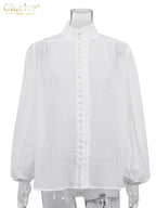 Clacive Fashion White Cotton Woman Blouse 2024 Elegant Stand Collar Puff Sleeve Shirts Casaul Classic Blusa Tops Female Clothing - Matrix-studios.com