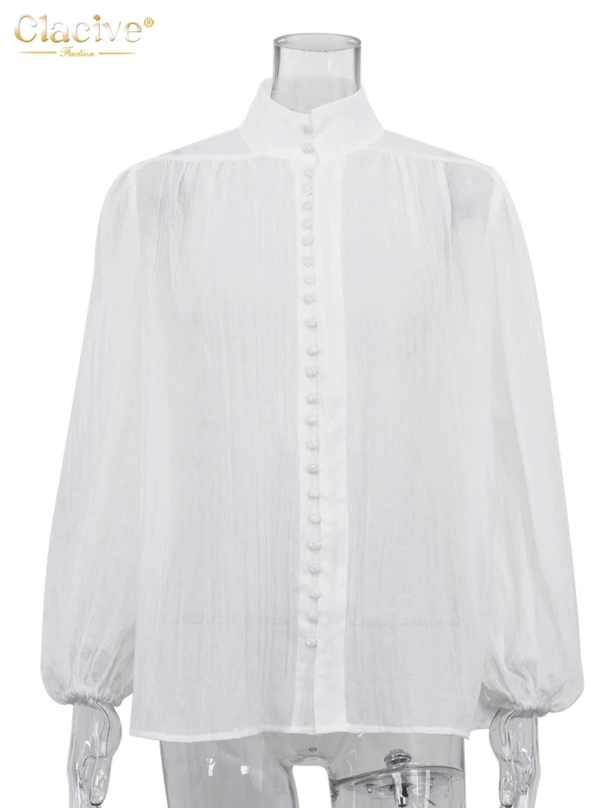 Clacive Fashion White Cotton Woman Blouse 2024 Elegant Stand Collar Puff Sleeve Shirts Casaul Classic Blusa Tops Female Clothing - Matrix-studios.com