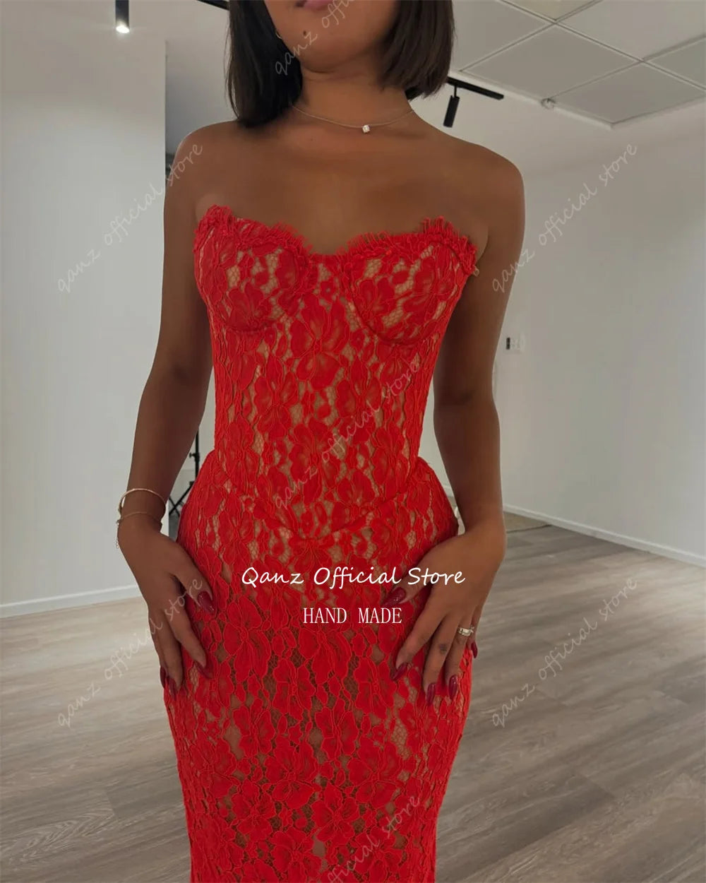 Qanz Red Lace Appliques Robes De Soirée Sweethert Sleevelss Mermaid Prom Dresses Corset Back Evening Dresses Woman Customized - Matrix-studios.com