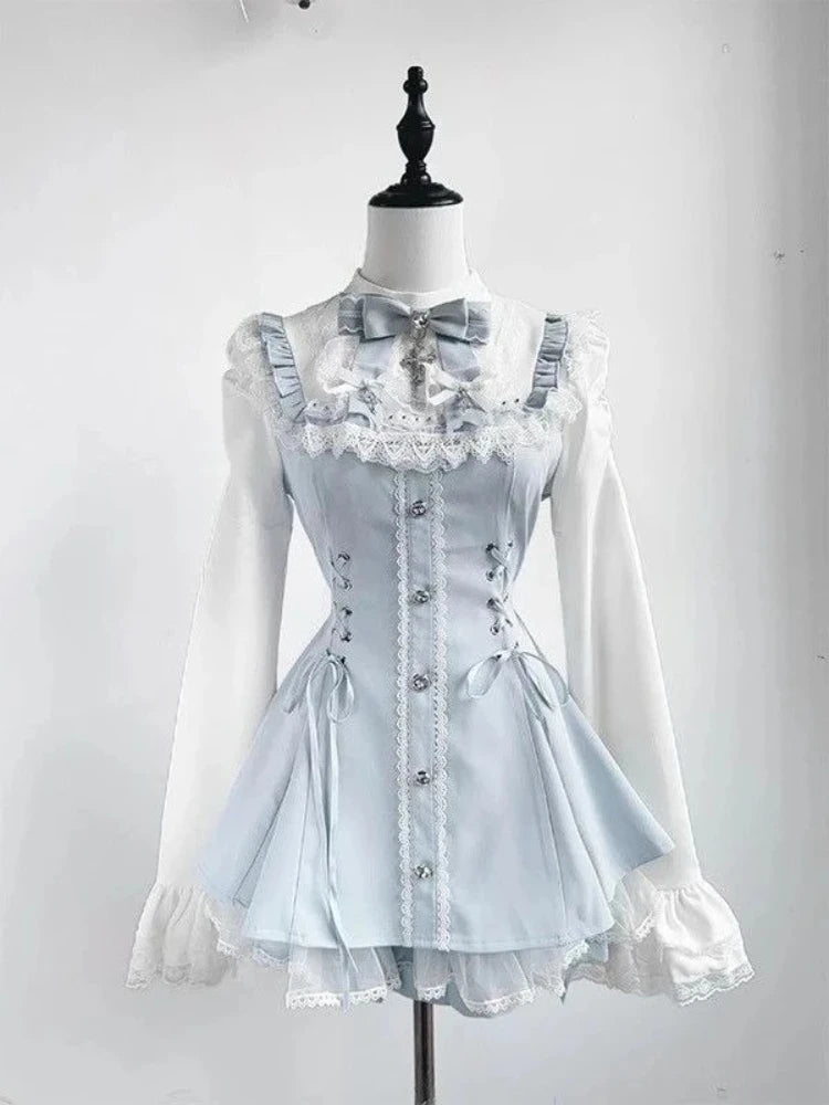 Y2k Aesthetic Lolita Style Bow Dress Shorts Set Japanese Women Gothic Lace Flare Sleeve Button Shirt Dress Punk Party Mini Dress - Matrix-studios.com