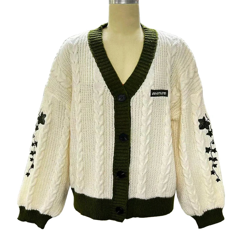 Evermore Cardigan Taylor Version Green Vine Embroidered Button Down Cable Knit Sweater Women Fall Winter Vintage Outfit - Matrix Studios