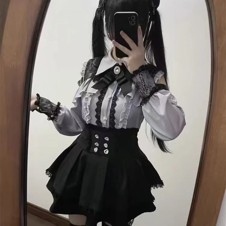Y2k Aesthetic Lolita Style Bow Dress Shorts Set Japanese Women Gothic Lace Flare Sleeve Button Shirt Dress Punk Party Mini Dress - Matrix-studios.com