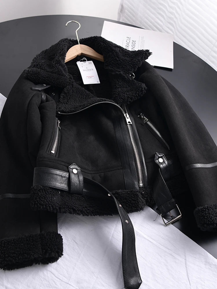 Ailegogo Winter Women Thick Warm Suede Lamb Jacket Short Motorcycle Brown Coats Faux Shearling Sheepskin Leather Jackets Outwear - Matrix Studios