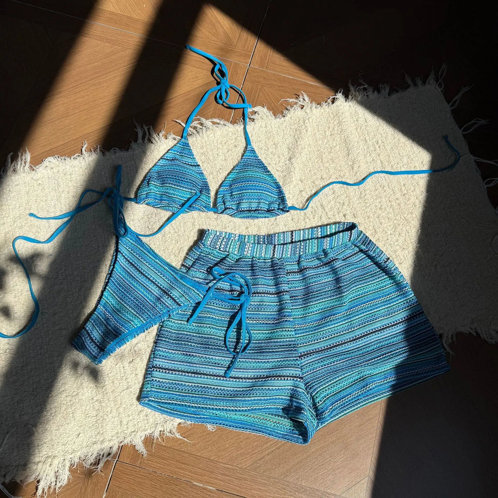 Sexy Knitted Striped Halter Tie Bikinis Sets Three Pieces with Shorts Swimsuits Beachwear Bathing Suit Swimwear Biquini Tankini - Matrix-studios.com