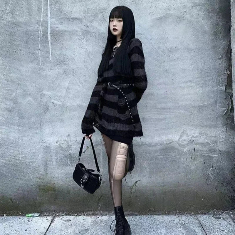 New Streetwear Top Punk Gothic Long Unisex Sweater Summer Women Striped Cool Hollow Out Hole Broken Jumper Loose Rock Thin Dark - Matrix Studios