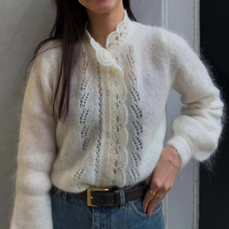 Women's White Cardigan Fashion Hollow Lace Patchwork Loose Sweaters Elegant New Office Basic Autumn Female Cardigan - Matrix Studios