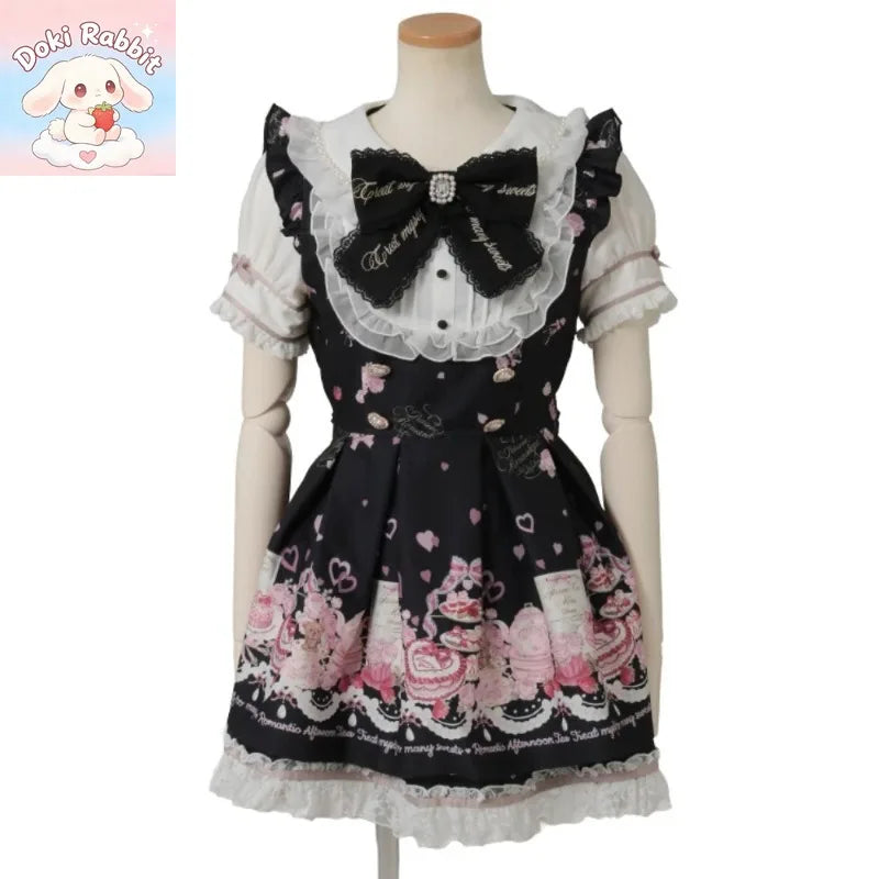 Summer Y2K Harajuku Japanese Subculture Kawaii 2 Piece Set Women's Short Sleeve Bow Printed Dress + Lace Mini Skirt Sweet Outfit - Matrix-studios.com