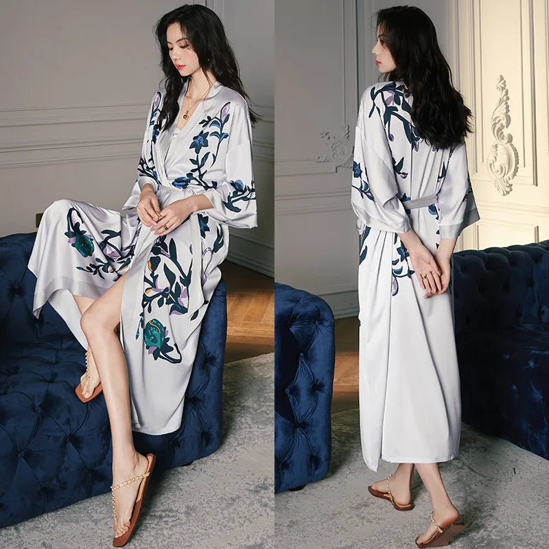 Print Flower Long Kimono Bathrobe Gown Sexy Women Half Sleeve Wedding Robe Nightgown Spring Summer Rayon Home Dress Sleepwear - Matrix-studios.com