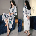 Print Flower Long Kimono Bathrobe Gown Sexy Women Half Sleeve Wedding Robe Nightgown Spring Summer Rayon Home Dress Sleepwear - Matrix-studios.com